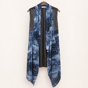 Anthropologie Adore Cardigan Vest XL Blue Print Mesh Duster Sequin Fairy Grunge‎